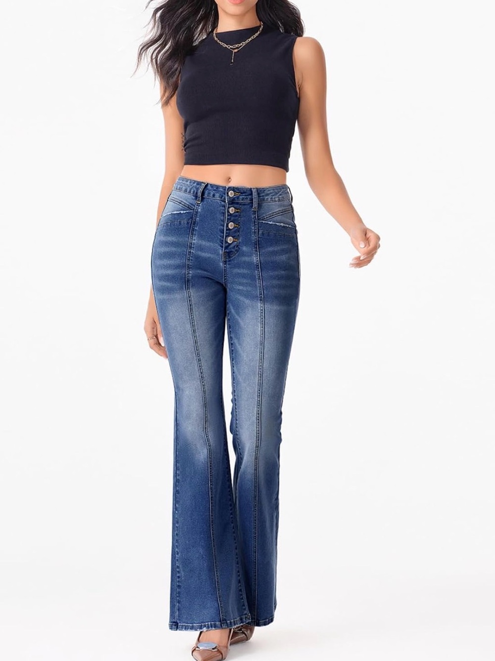 High-Waist Button-Front Flare Jeans - Blue
